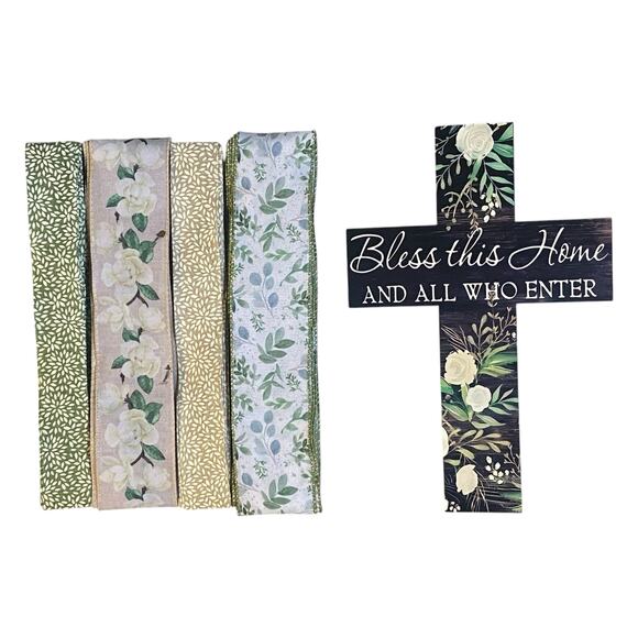 Bless This Home Cross Sign & 12 Yards Ribbon Bundle | DIY Wreath Craft Kit - Picture 1 of 7